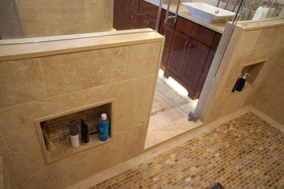 Example of a mid-sized classic master beige tile and ceramic tile ceramic tile alcove shower design in Philadelphia with louvered cabinets, dark wood cabinets, white walls, a vessel sink and quartzite countertops