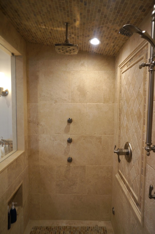 Mid-sized elegant master beige tile and ceramic tile ceramic tile alcove shower photo in Philadelphia with louvered cabinets, dark wood cabinets, white walls, a vessel sink and quartzite countertops