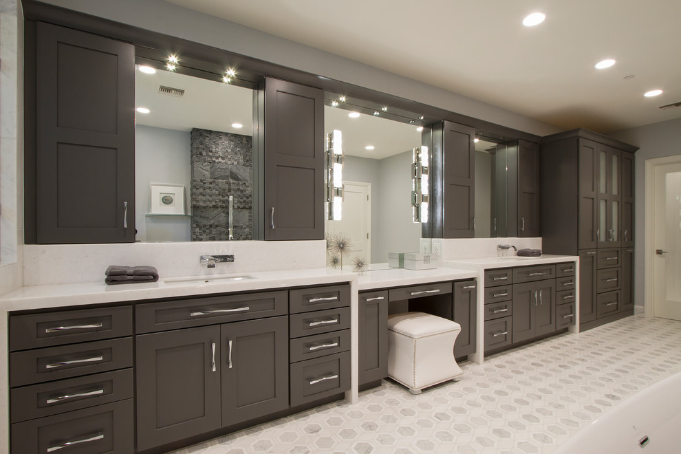 Inspiration for a large contemporary ensuite bathroom in Phoenix with shaker cabinets, grey cabinets, a freestanding bath, a walk-in shower, a wall mounted toilet, white tiles, marble tiles, grey walls, marble flooring, a submerged sink, engineered stone worktops, white floors and an open shower.