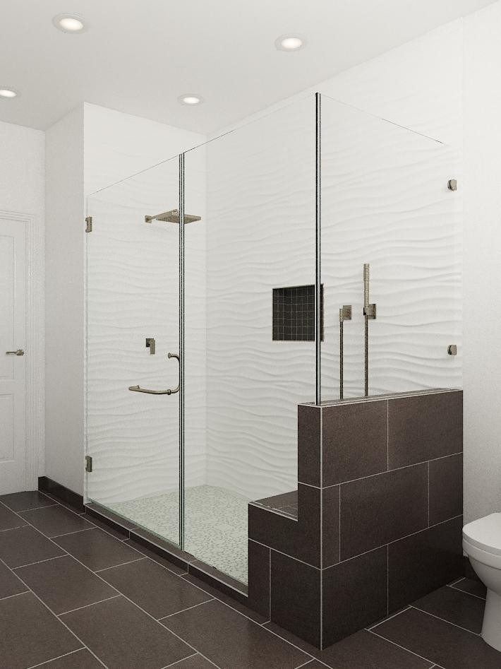 Großes Modernes Badezimmer En Suite mit Schrankfronten im Shaker-Stil, Quarzit-Waschtisch und eingebautem Waschtisch in Los Angeles
