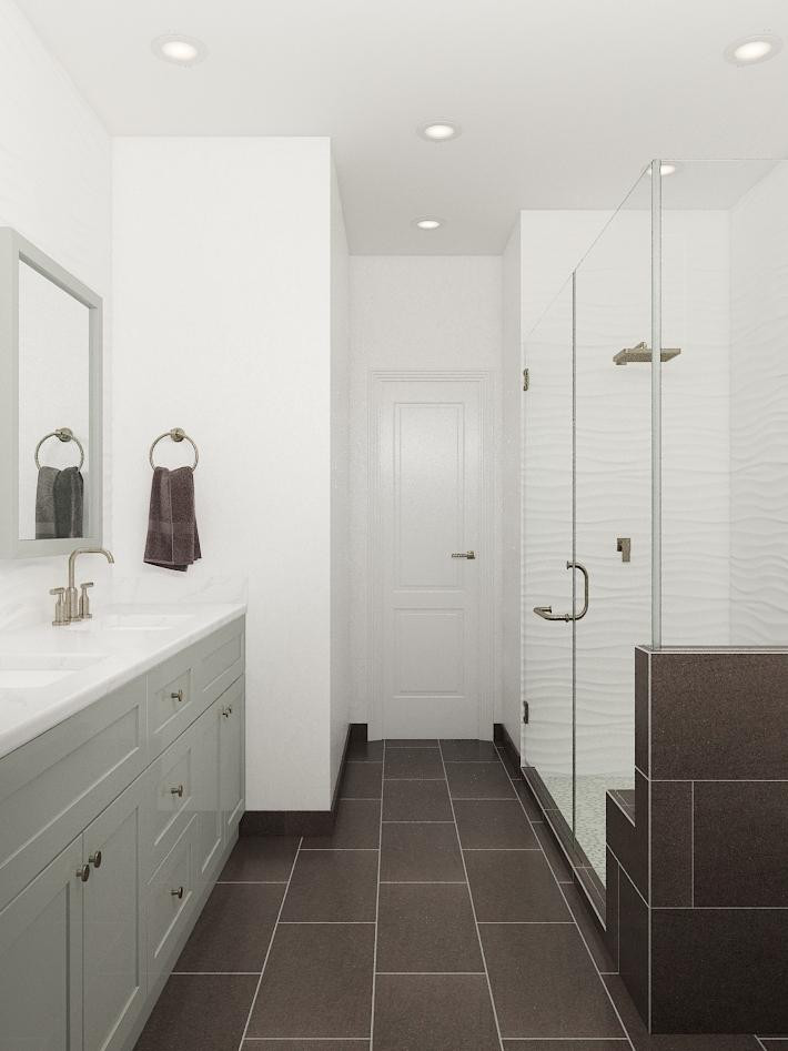 Large modern ensuite bathroom in Los Angeles with shaker cabinets, quartz worktops and a built in vanity unit.