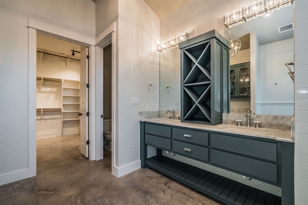 Example of a small cottage master white tile concrete floor bathroom design in Austin with blue cabinets, a drop-in sink and granite countertops