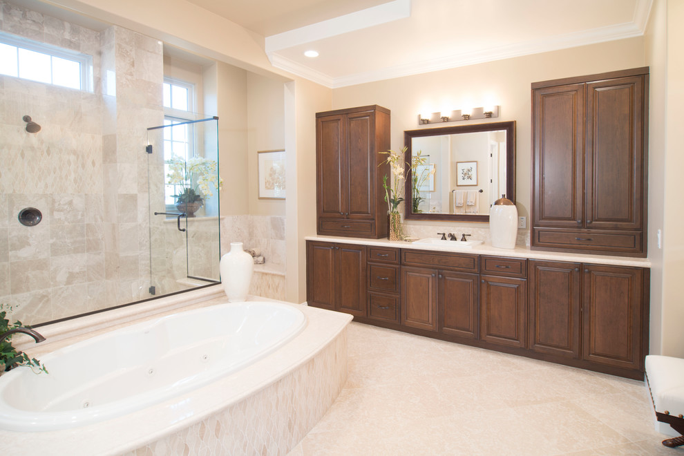 Пример оригинального дизайна: главная ванная комната в классическом стиле с фасадами с выступающей филенкой и темными деревянными фасадами