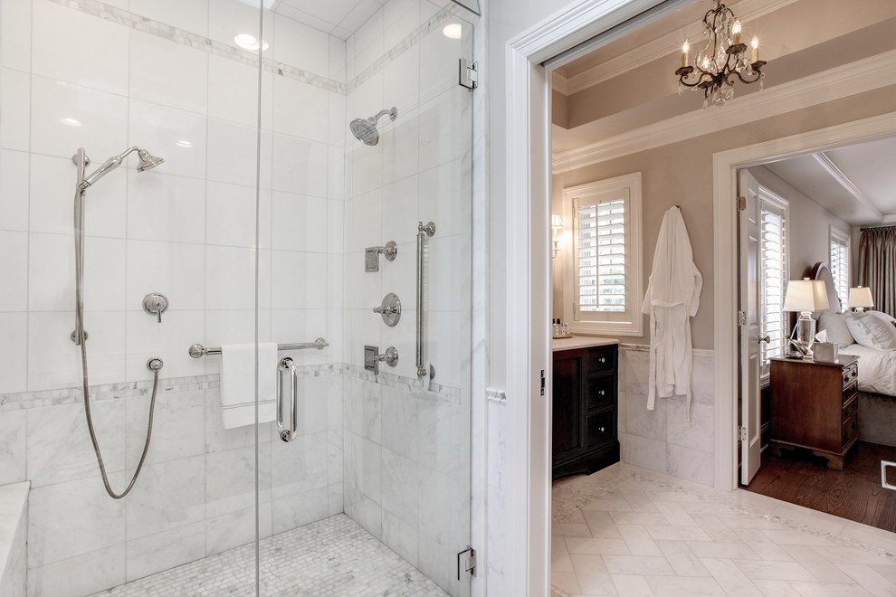 Example of a large transitional master gray tile, white tile and marble tile marble floor and gray floor alcove shower design in Chicago with recessed-panel cabinets, dark wood cabinets, beige walls, an undermount sink, quartz countertops and a hinged shower door