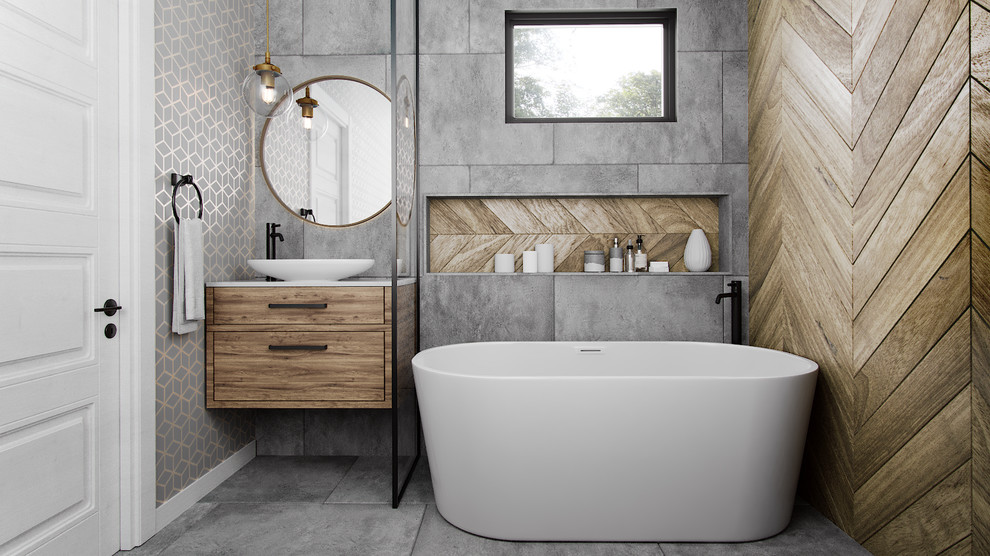 Inspiration for a small modern master gray tile and ceramic tile ceramic tile and gray floor bathroom remodel in Austin with flat-panel cabinets, medium tone wood cabinets, a one-piece toilet, gray walls, a vessel sink, quartzite countertops and white countertops