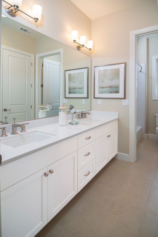 Cette image montre une salle de bain traditionnelle avec un placard avec porte à panneau encastré et des portes de placard blanches.