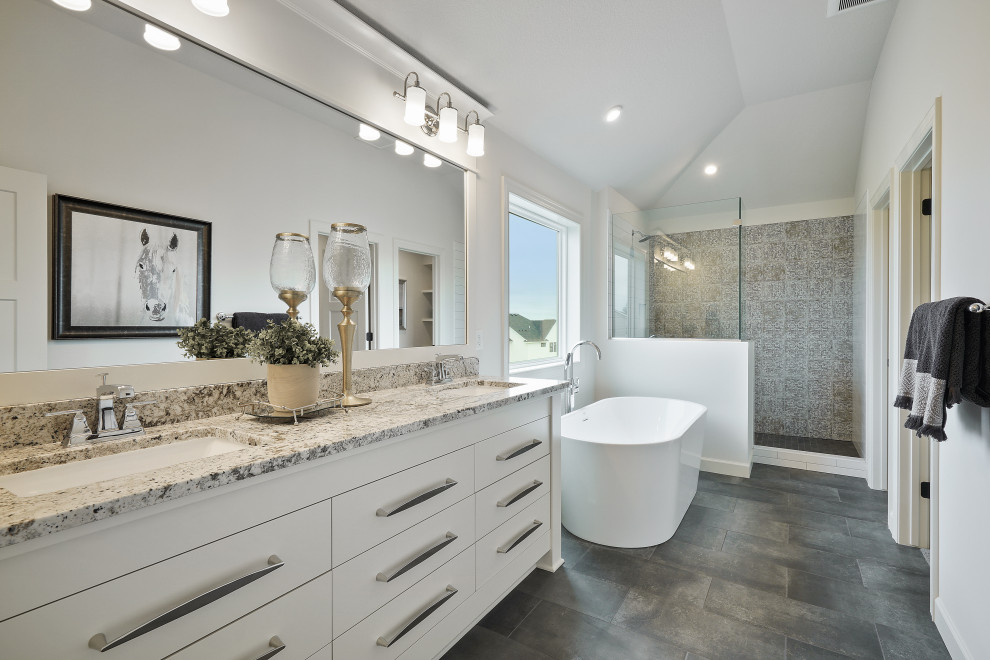Design ideas for a bathroom in Minneapolis with white cabinets, a freestanding bath, a walk-in shower, grey tiles, mosaic tiles, white walls, a submerged sink, granite worktops, black floors, an open shower, multi-coloured worktops, a shower bench, double sinks, a built in vanity unit, a vaulted ceiling and porcelain flooring.