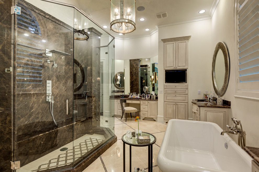 Traditional bathroom in Houston with a freestanding bath.