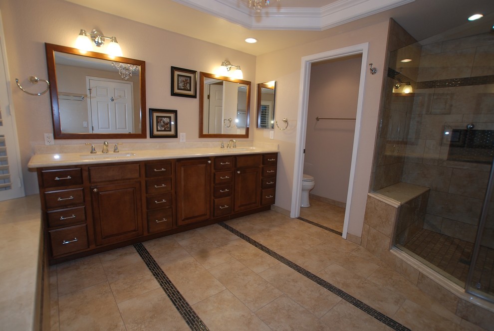 Inspiration for a large master beige tile and porcelain tile porcelain tile alcove shower remodel in Orange County with an undermount sink, recessed-panel cabinets, distressed cabinets, marble countertops, an undermount tub, a two-piece toilet and white walls