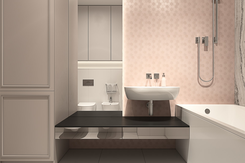 Photo of a medium sized contemporary ensuite bathroom in London with a built-in bath, a shower/bath combination, a two-piece toilet, pink tiles, ceramic tiles, pink walls, black worktops, recessed-panel cabinets, black cabinets, ceramic flooring, a built-in sink, wooden worktops, white floors, a shower curtain, a laundry area, a single sink, a built in vanity unit and a coffered ceiling.