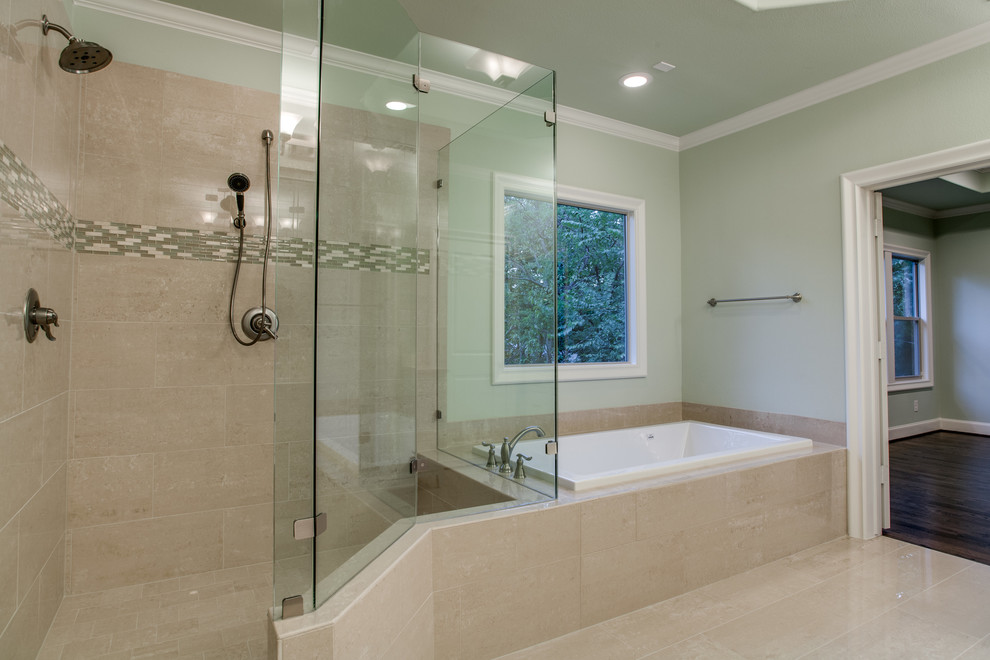 Inspiration for a modern ensuite bathroom in Dallas with flat-panel cabinets, white cabinets, marble worktops, a built-in bath, green walls and marble flooring.