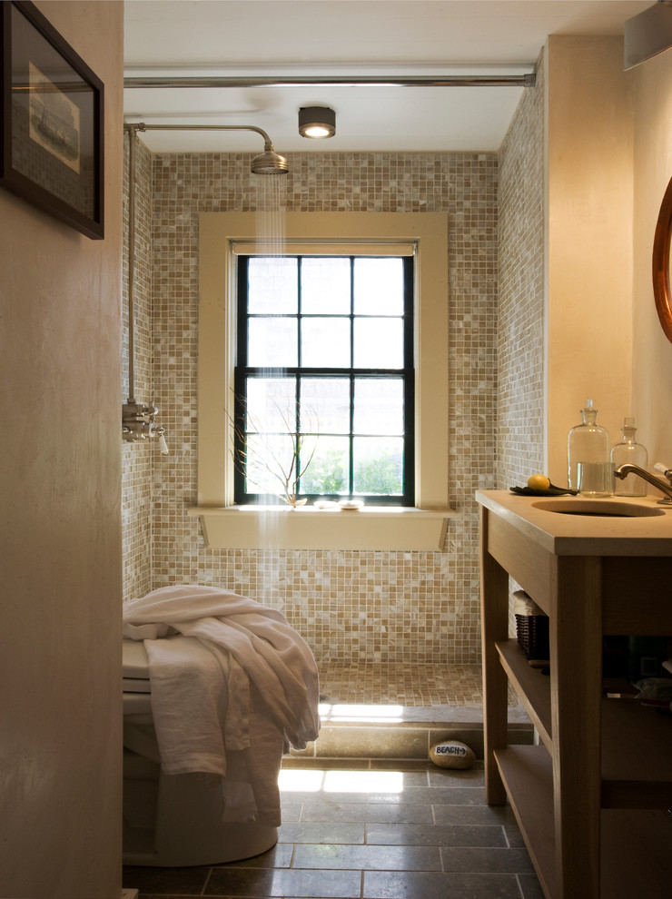 Imagen de cuarto de baño costero con baldosas y/o azulejos en mosaico, paredes marrones, aseo y ducha, baldosas y/o azulejos beige y ventanas