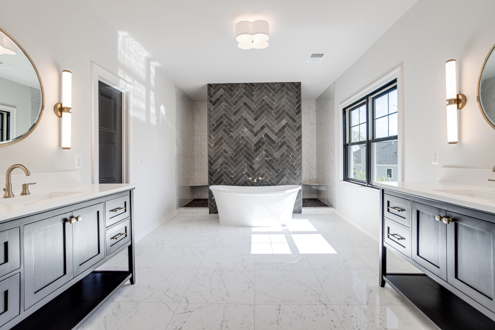 Bathroom - transitional master gray tile and marble tile marble floor, white floor and single-sink bathroom idea in DC Metro with shaker cabinets, dark wood cabinets, white walls, an undermount sink, solid surface countertops, white countertops and a freestanding vanity