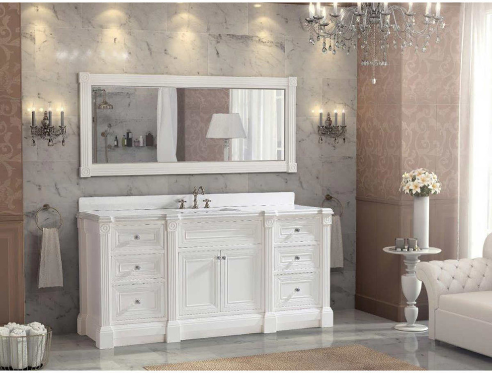 72 inch White Finish Single Sink Bathroom Vanity with Mirror