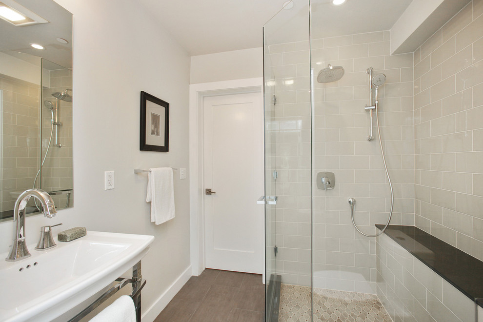 Example of a small transitional master green tile and ceramic tile porcelain tile corner shower design in San Francisco with a pedestal sink, a one-piece toilet and beige walls
