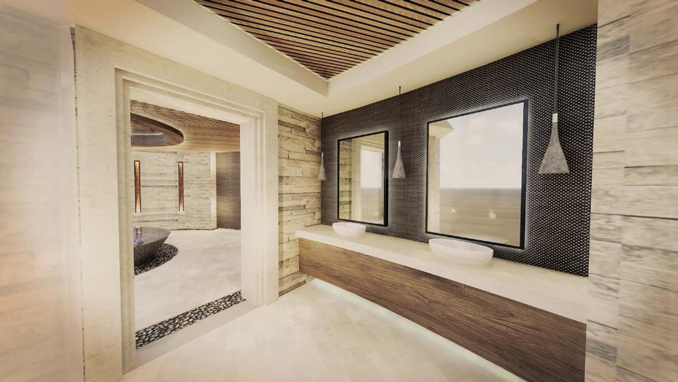 Идея дизайна: огромная главная ванная комната в стиле модернизм с плоскими фасадами, темными деревянными фасадами, черной плиткой, настольной раковиной, бежевым полом и бежевой столешницей