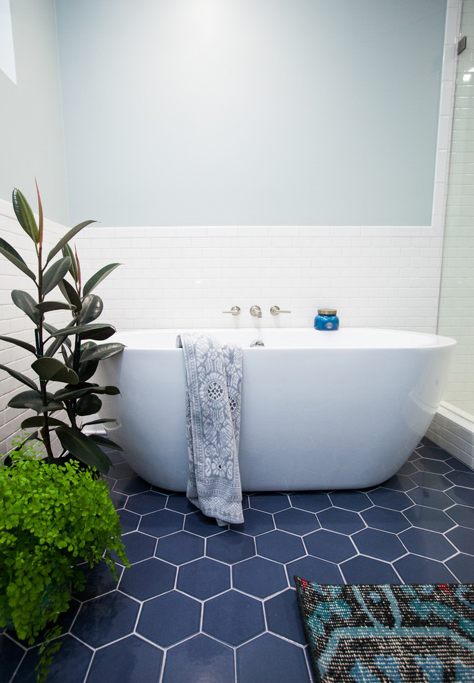 8" Hexagon tiles in Slate Blue Contemporary Bathroom San