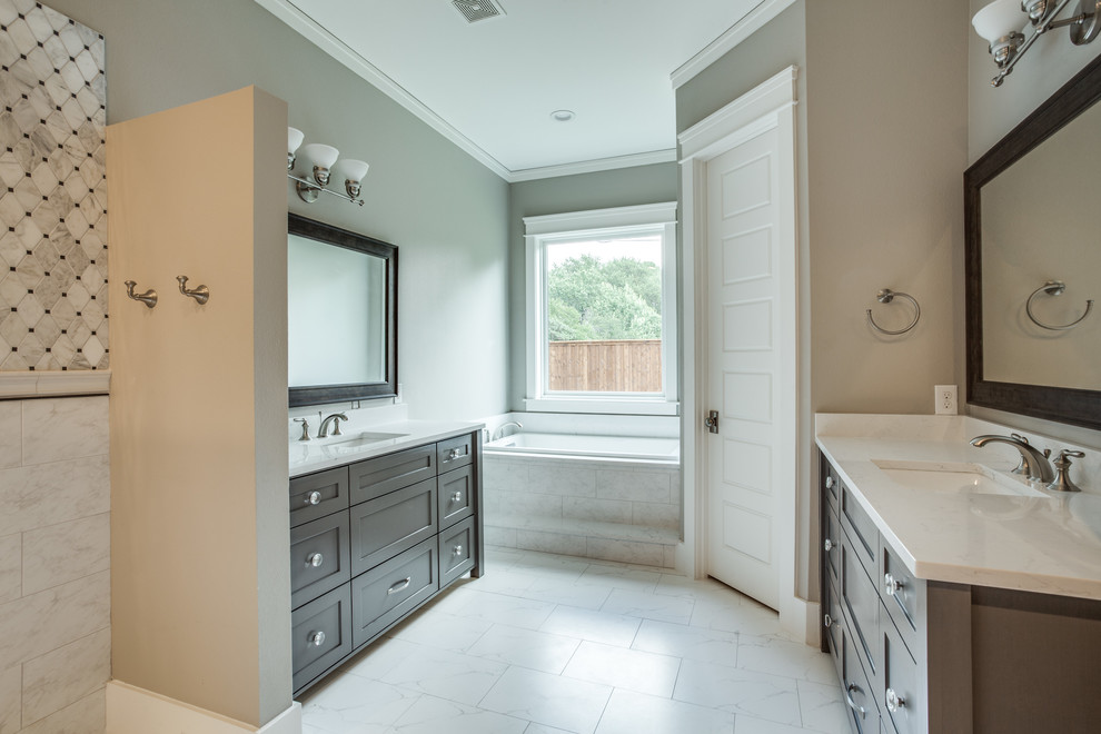Mid-sized elegant master white tile and marble tile porcelain tile and white floor bathroom photo in Dallas with open cabinets, gray cabinets, a two-piece toilet, gray walls, an undermount sink and quartz countertops