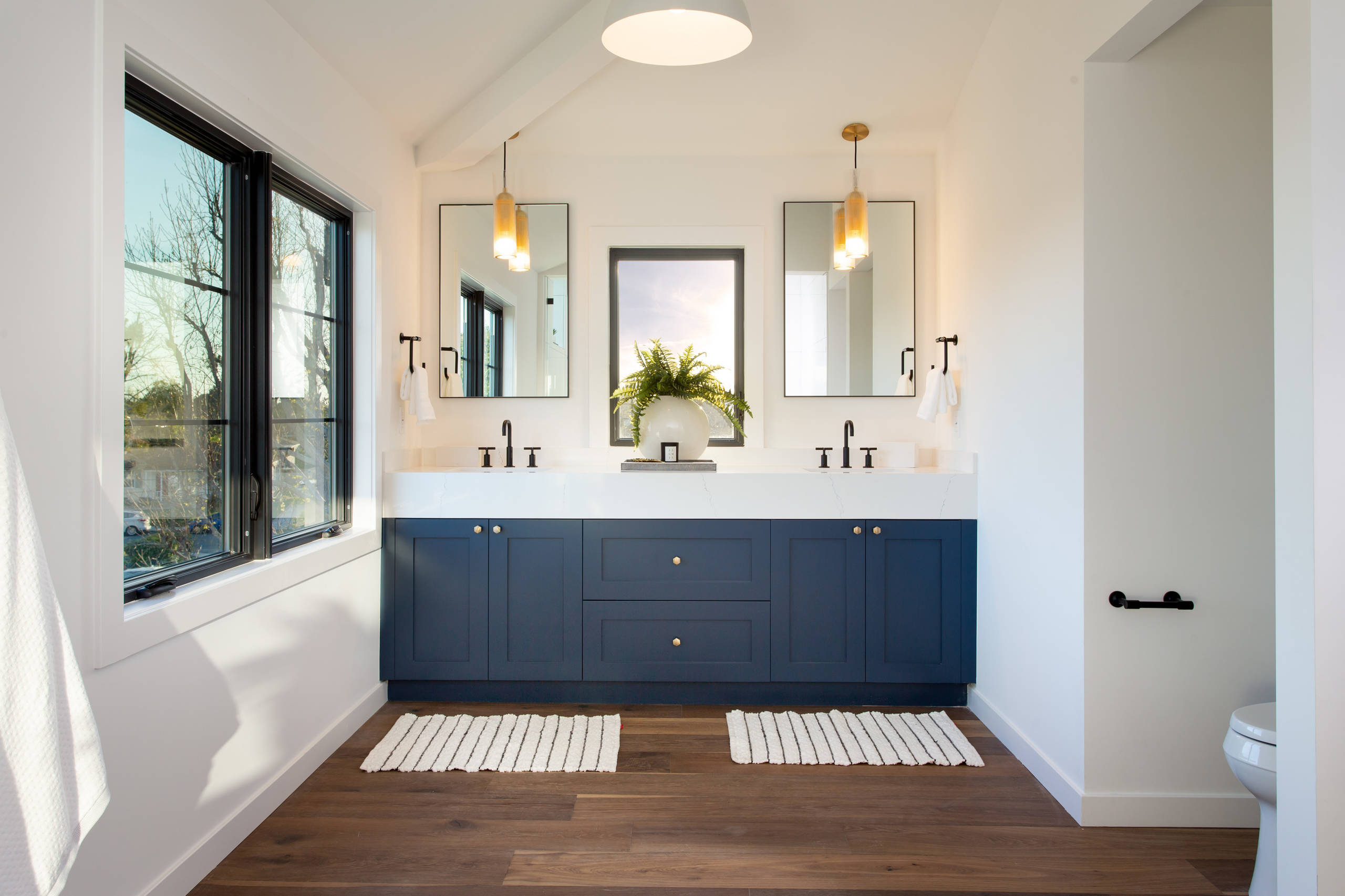 75 Beautiful Dark Wood Floor Bathroom With Blue Cabinets Pictures Ideas July