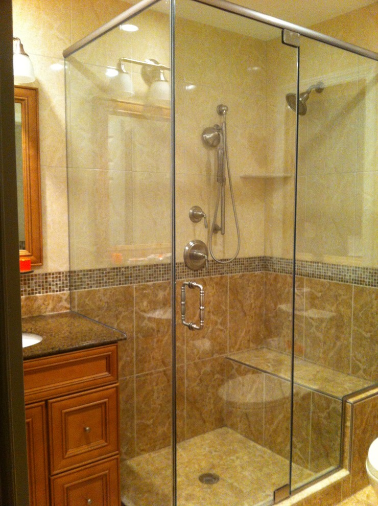 90 Degree Frameless Enclosure With Notched Inline Panel Traditional Bathroom New York By