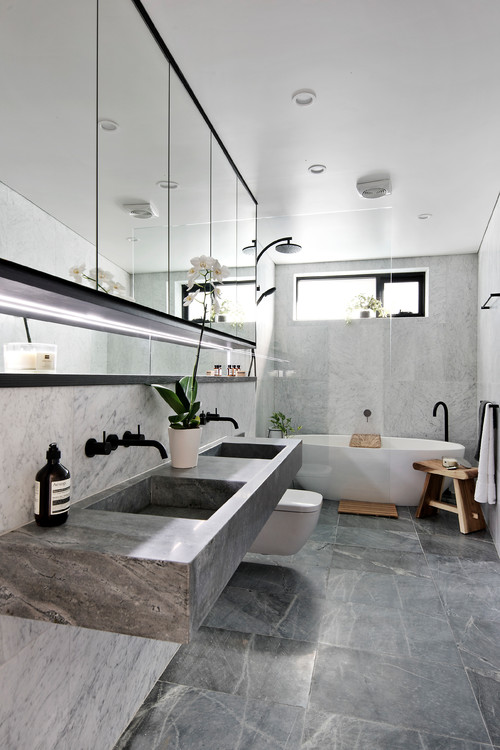 Timeless Grace: Gray Bathroom with Long Mirrored Cabinets and Marble Vanity Mirror Ideas
