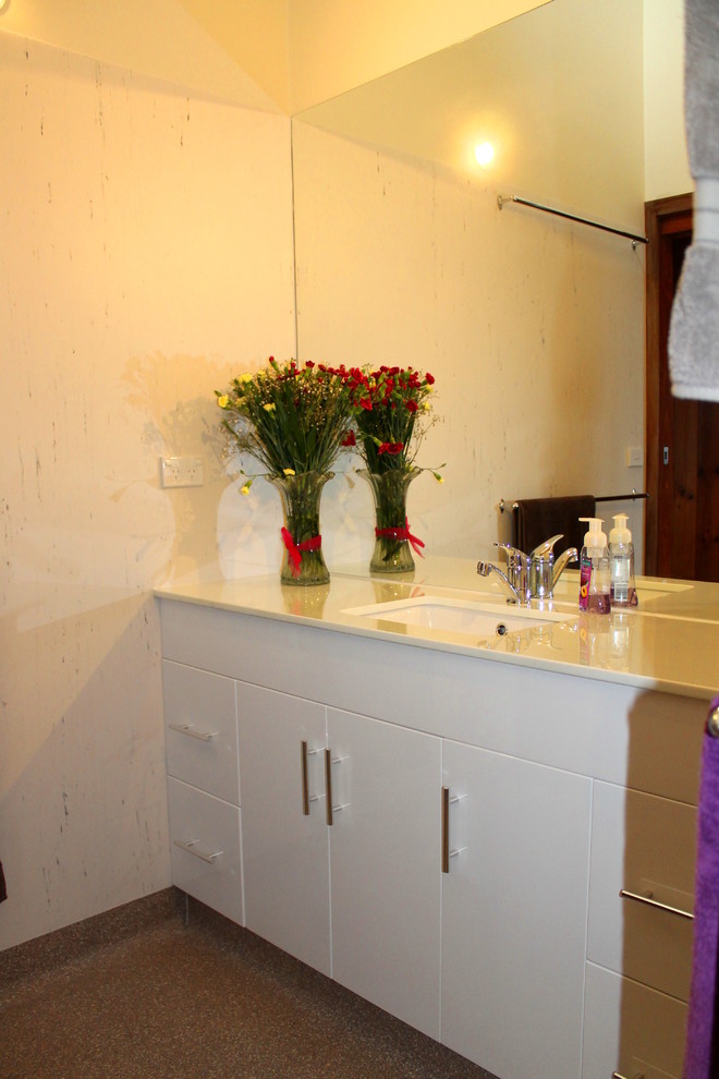 Foto di una piccola stanza da bagno industriale con ante lisce, doccia alcova, pareti bianche, pavimento in vinile e lavabo da incasso