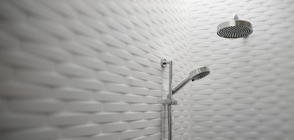 Small minimalist master white tile and ceramic tile alcove shower photo in San Francisco with white walls