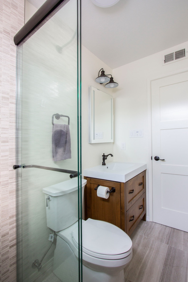 A bathroom and kitchen remodel with a custom bookshelf in Sacramento