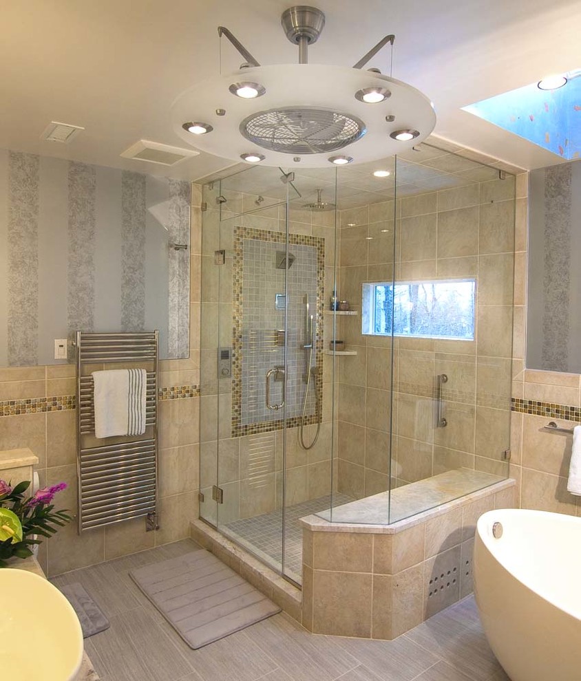 Bathroom - mid-sized traditional master beige tile and porcelain tile porcelain tile and gray floor bathroom idea in Philadelphia with furniture-like cabinets, medium tone wood cabinets, a two-piece toilet, gray walls, a vessel sink, granite countertops, a hinged shower door and beige countertops