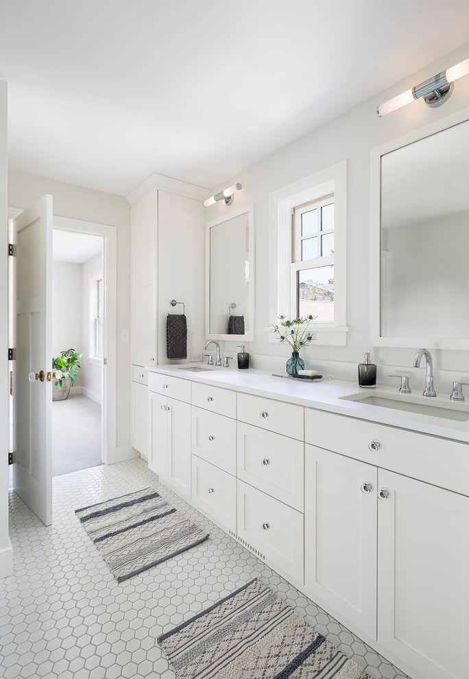 Medium sized traditional ensuite bathroom in Minneapolis with shaker cabinets, white cabinets, a walk-in shower, white walls, mosaic tile flooring, a submerged sink, engineered stone worktops, white floors and an open shower.