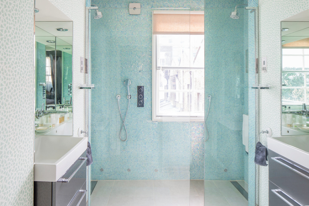 Inspiration for a medium sized contemporary ensuite bathroom in London with flat-panel cabinets, grey cabinets, a walk-in shower, blue tiles, mosaic tiles, green walls, ceramic flooring, a console sink, beige floors and an open shower.