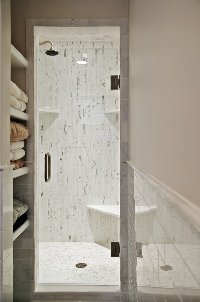 Design ideas for a traditional bathroom in Chicago with mosaic tiles.
