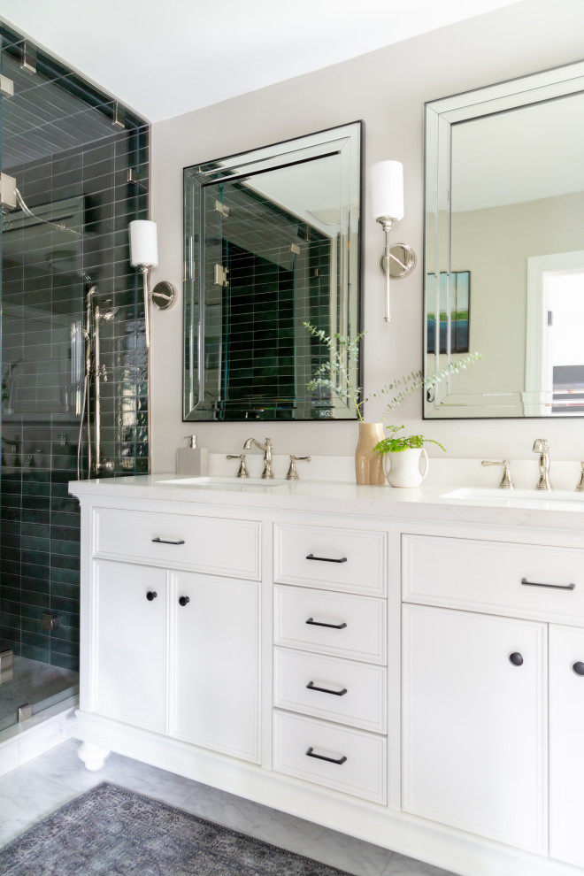 Bathroom - transitional green tile and subway tile white floor and double-sink bathroom idea in Chicago with gray walls, recessed-panel cabinets, white cabinets, an undermount sink and white countertops