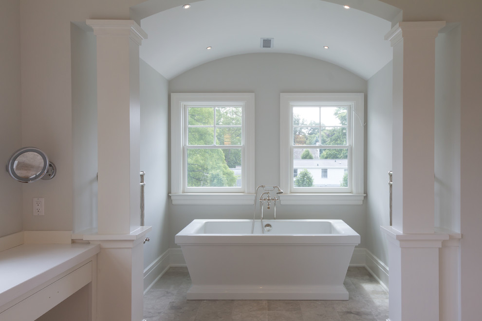 Large transitional master bathroom photo in New York with shaker cabinets and white cabinets