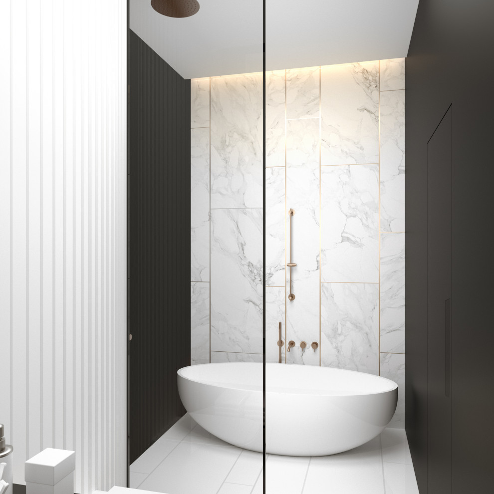 Diseño de cuarto de baño infantil minimalista pequeño con jacuzzi, baldosas y/o azulejos blancos, baldosas y/o azulejos de mármol, paredes negras, suelo de mármol y suelo blanco