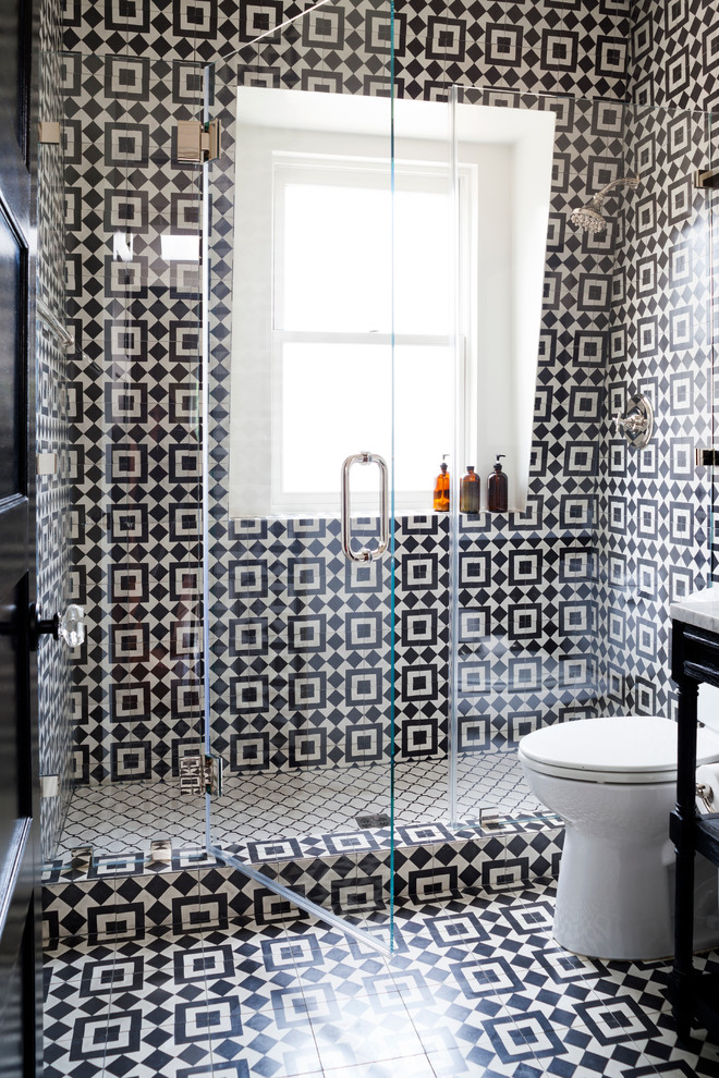 Mid-sized trendy black and white tile alcove shower photo in DC Metro with a two-piece toilet