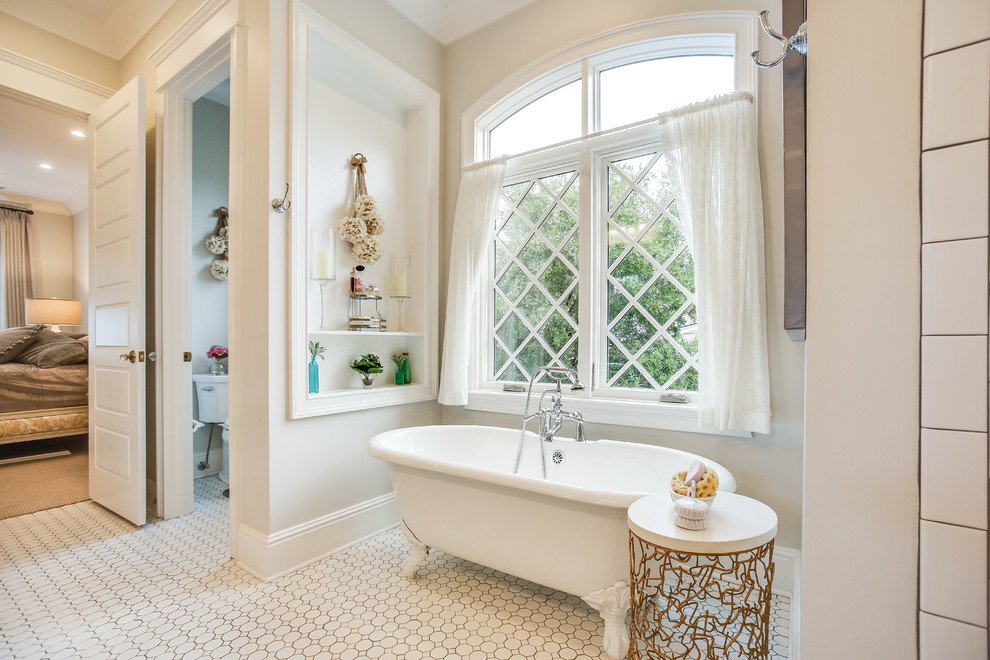 Inspiration for a mid-sized timeless master white tile and subway tile ceramic tile and white floor bathroom remodel in Birmingham with beaded inset cabinets, gray cabinets, white walls, an undermount sink, marble countertops, a hinged shower door and turquoise countertops