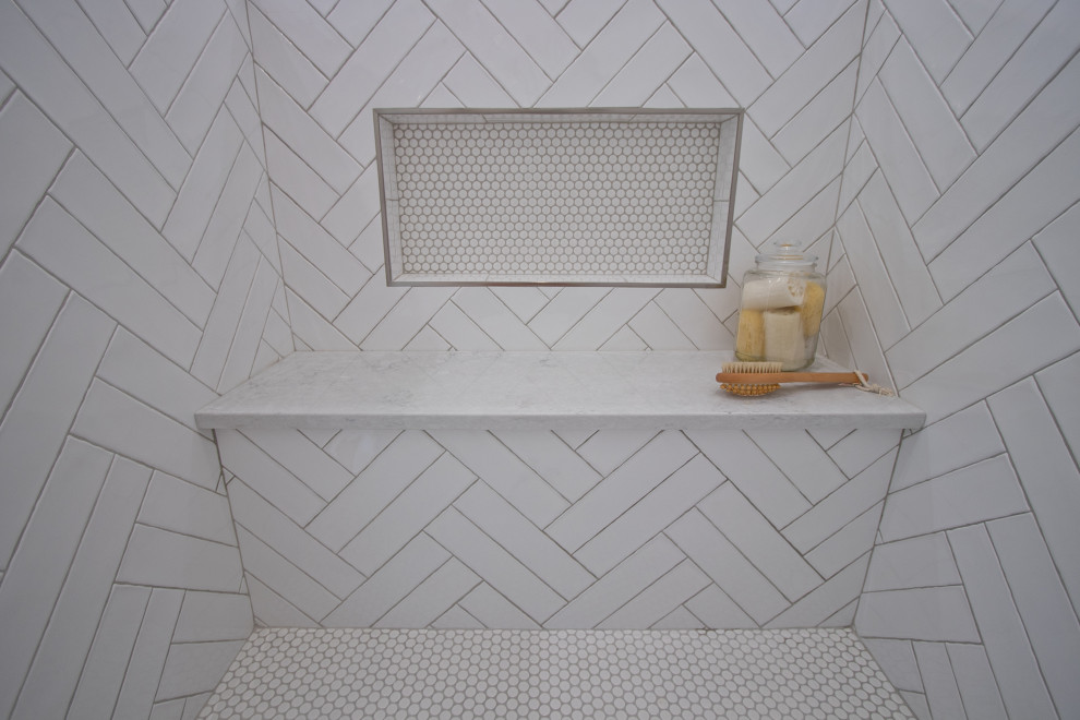 Bathroom - large french country master mosaic tile floor and white floor bathroom idea in Other with a hinged shower door