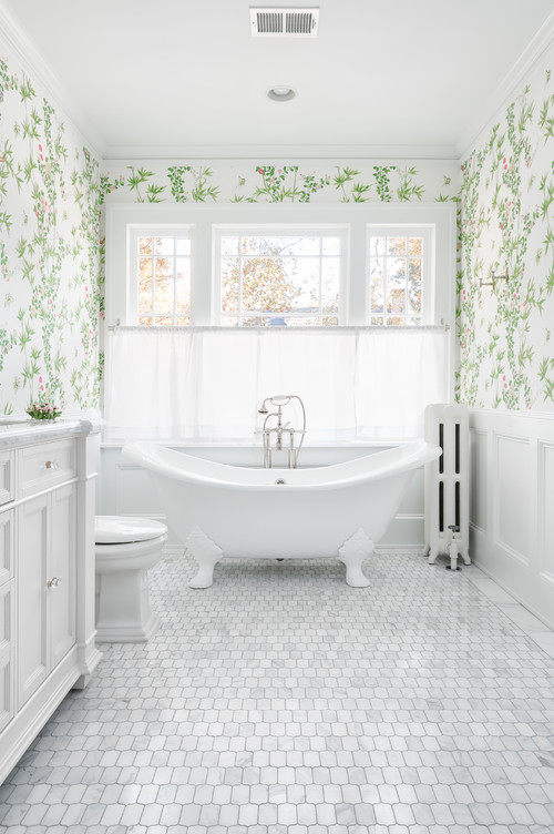 Classic Luxury: White Bathroom with Clawfoot Bathtub and Hex Floor Tiles - Wallpaper Ideas