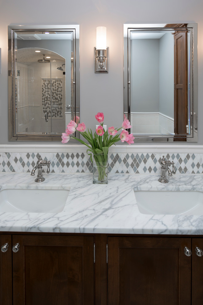 Example of a small classic master bathroom design in Philadelphia with beaded inset cabinets