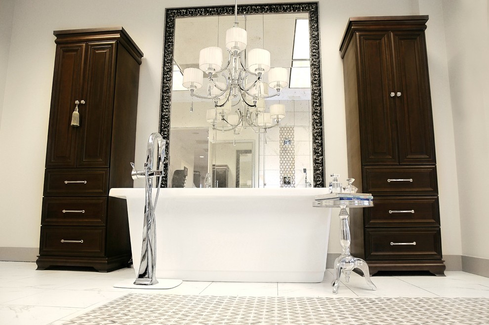 Inspiration for a mid-sized timeless master white tile and marble tile marble floor, white floor and double-sink bathroom remodel in New Orleans with raised-panel cabinets, dark wood cabinets, white walls, a vessel sink, quartz countertops, white countertops and a freestanding vanity