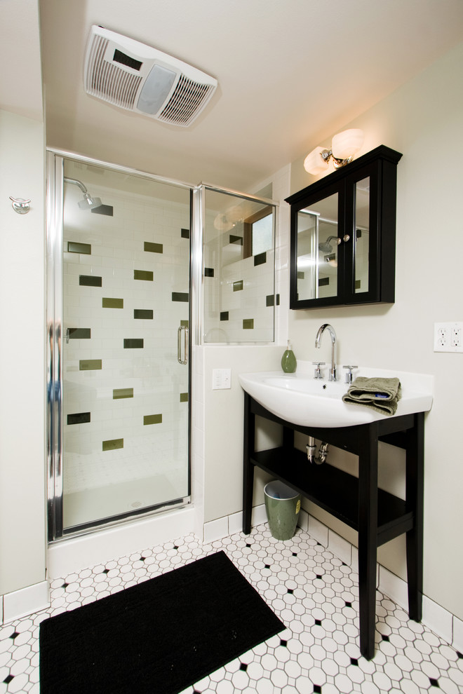 Photo of a contemporary half tiled bathroom in Denver with metro tiles.