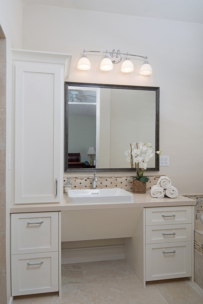 Design ideas for a medium sized traditional ensuite bathroom in San Diego with shaker cabinets, white cabinets, a built-in bath, a built-in shower, beige tiles, porcelain tiles, beige walls, porcelain flooring, a vessel sink, engineered stone worktops, beige floors and a shower curtain.