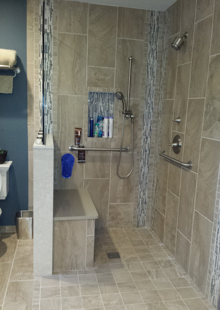 Photo of a medium sized classic ensuite bathroom in Philadelphia with flat-panel cabinets, dark wood cabinets, a built-in shower, a two-piece toilet, grey tiles, porcelain tiles, blue walls, porcelain flooring, engineered stone worktops and a submerged sink.