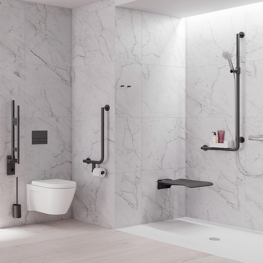 Medium sized contemporary wet room bathroom in Auckland with a wall mounted toilet, white tiles, marble tiles, white walls, ceramic flooring, brown floors, an open shower and a single sink.