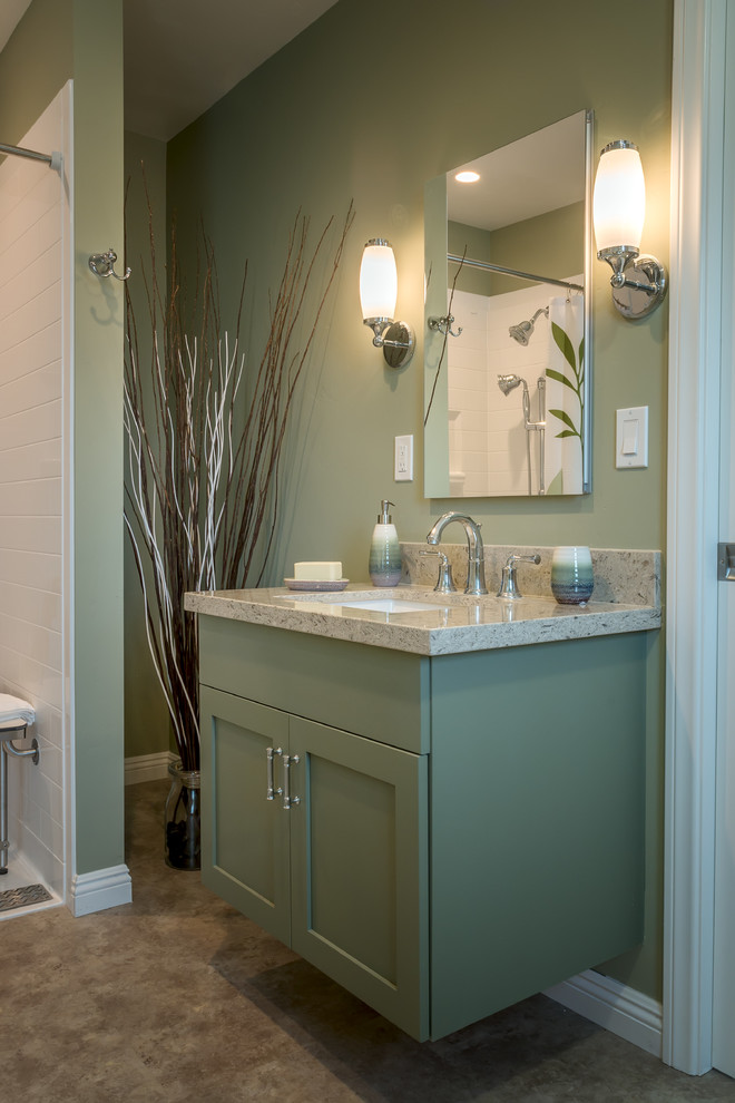 Example of a mid-sized transitional master vinyl floor walk-in shower design in San Diego with shaker cabinets, green cabinets, green walls, an undermount sink and quartz countertops