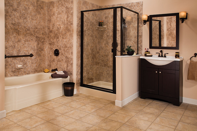 Large contemporary ensuite bathroom in Denver with a built-in sink, dark wood cabinets, solid surface worktops, an alcove bath, a corner shower, beige tiles, ceramic tiles, beige walls and ceramic flooring.