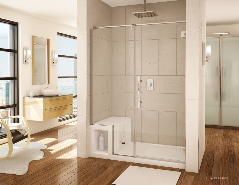 Immagine di una stanza da bagno padronale classica di medie dimensioni con doccia alcova, ante in legno scuro e lavabo a bacinella