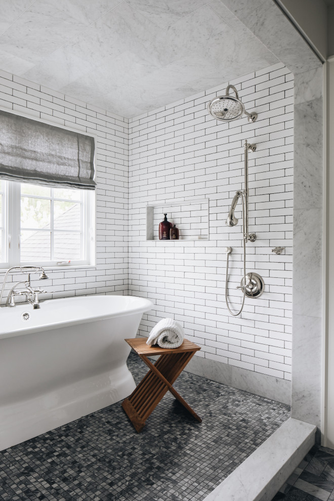 Inspiration for a transitional white tile and ceramic tile marble floor, gray floor and double-sink bathroom remodel in Grand Rapids with recessed-panel cabinets, gray cabinets, white walls, an undermount sink, marble countertops, white countertops and a built-in vanity