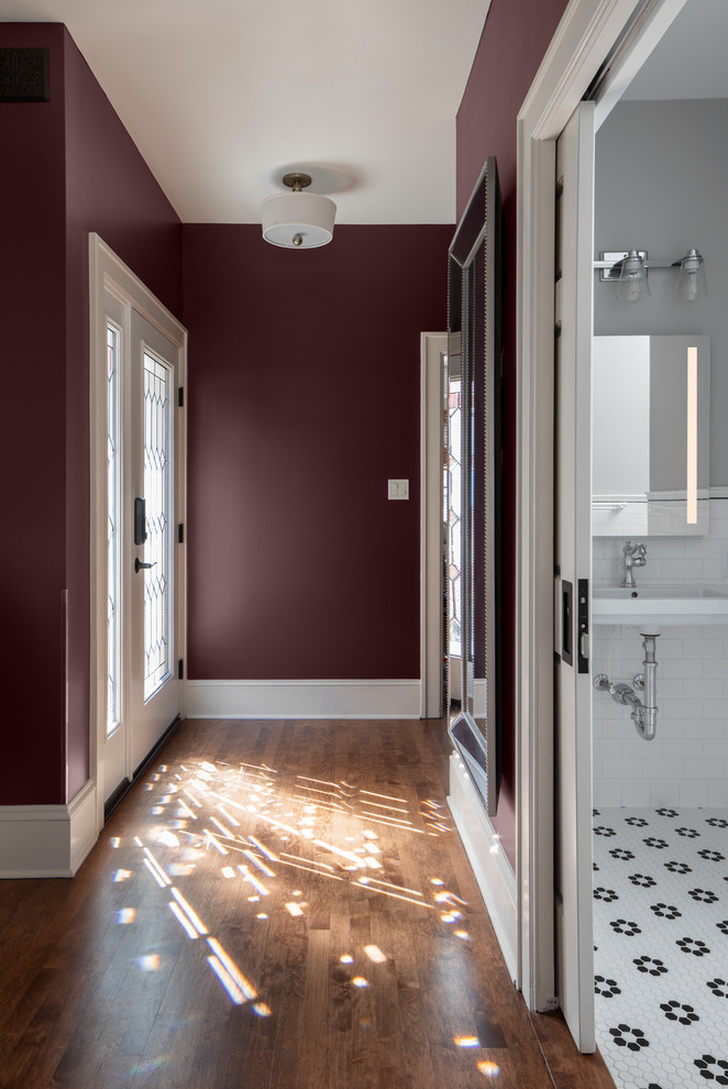 Example of a mid-sized classic 3/4 white tile and porcelain tile mosaic tile floor and white floor bathroom design in Milwaukee with a two-piece toilet, gray walls, an integrated sink and white countertops